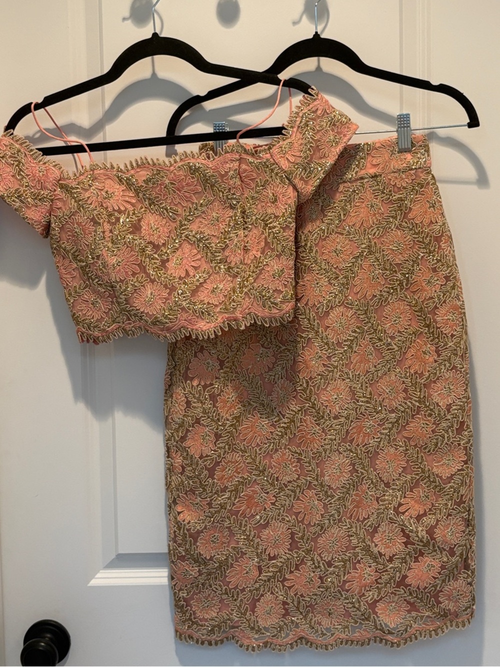 Topshop Limited Edition Pink & Gold Floral Embroidered Skirt Set